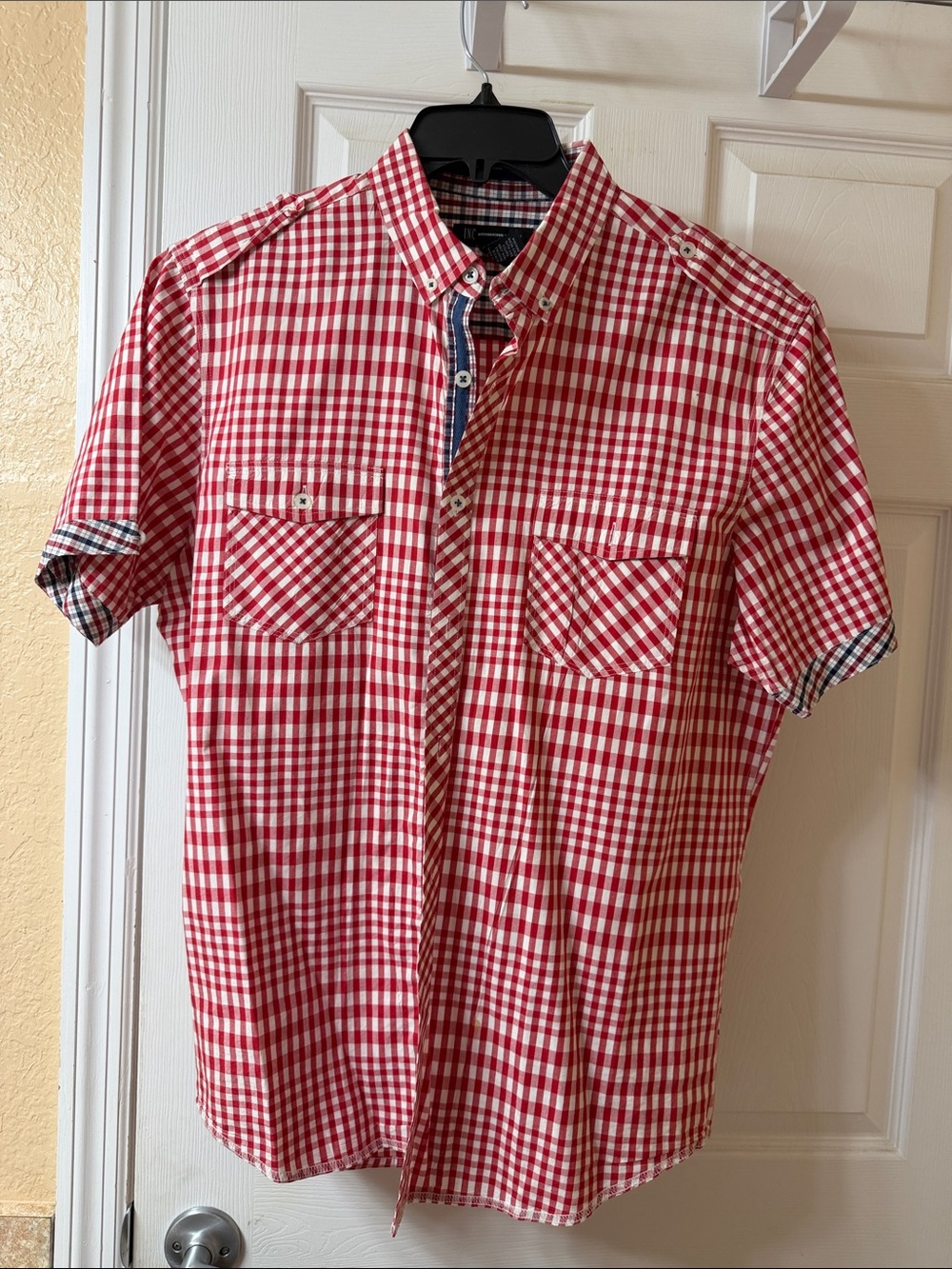 INC International Concepts Red and White Gingham Short-Sleeve Button-Down Shirt